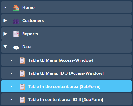 Menu group with symbols, indents and selection